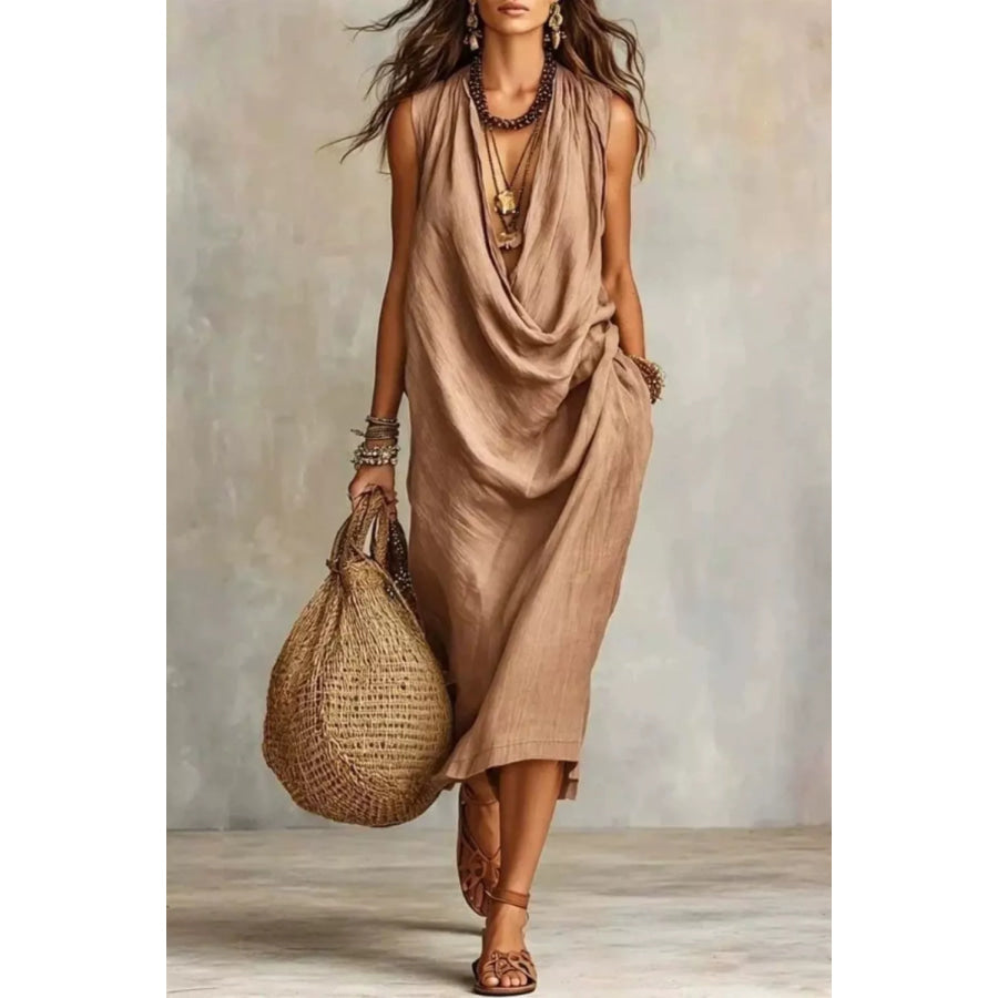 Sleeveless Drape Neck Midi Dress Tan / S Apparel and Accessories