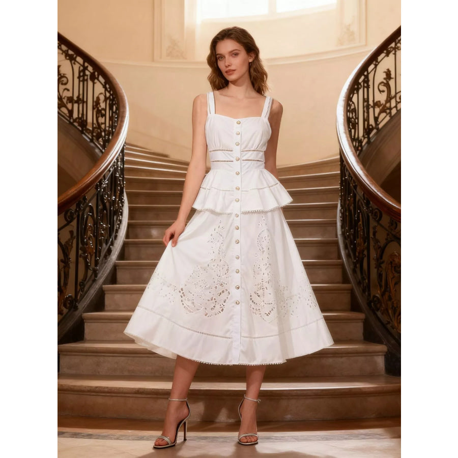 Sleeveless Eyelet Embroidered Button-Down Midi Dress Apparel and Accessories