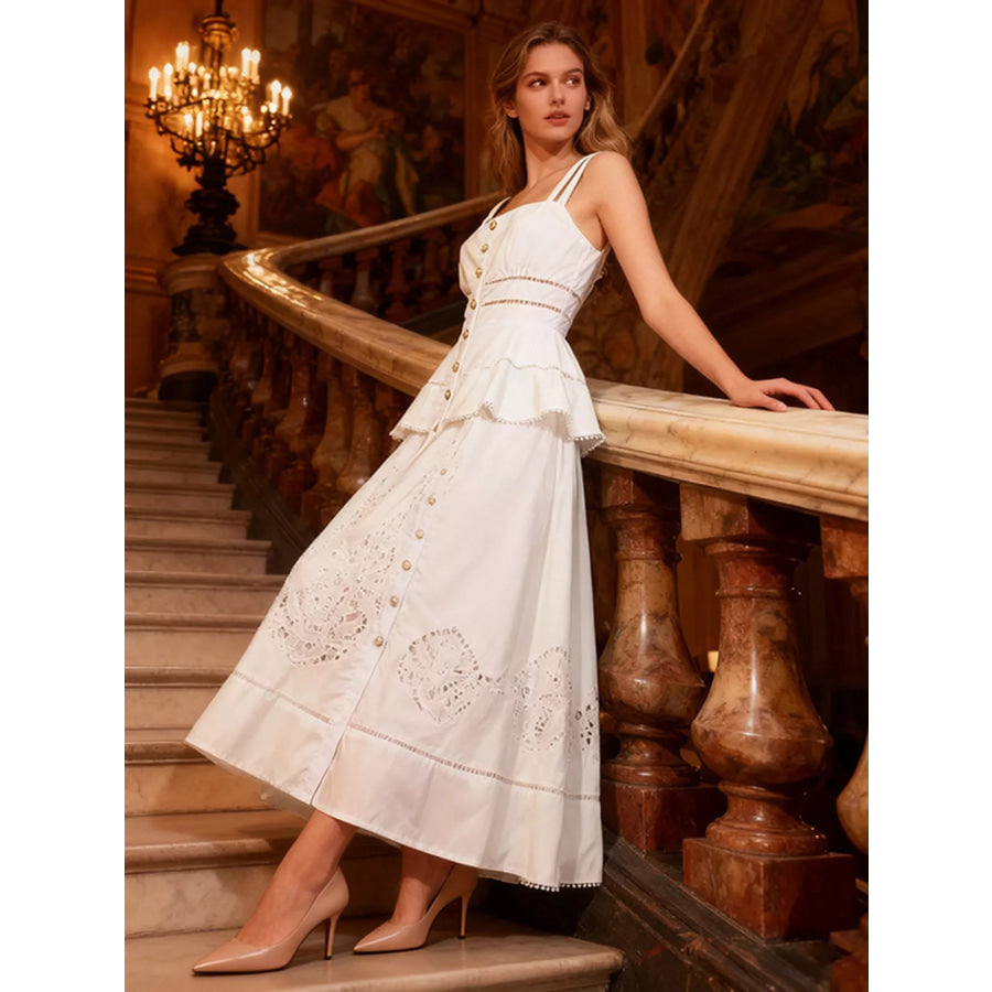 Sleeveless Eyelet Embroidered Button-Down Midi Dress White / S Apparel and Accessories