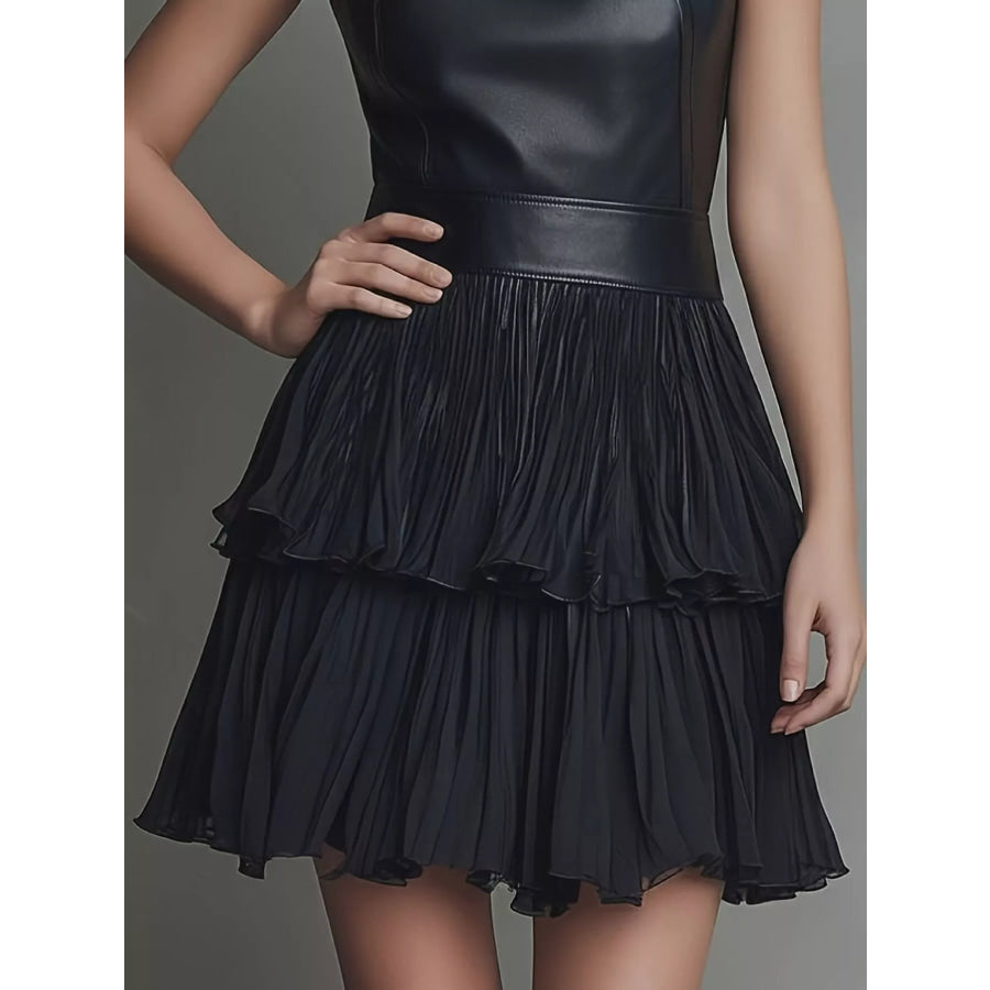 Sleeveless Faux Leather Layered Pleated Mini Dress Apparel and Accessories