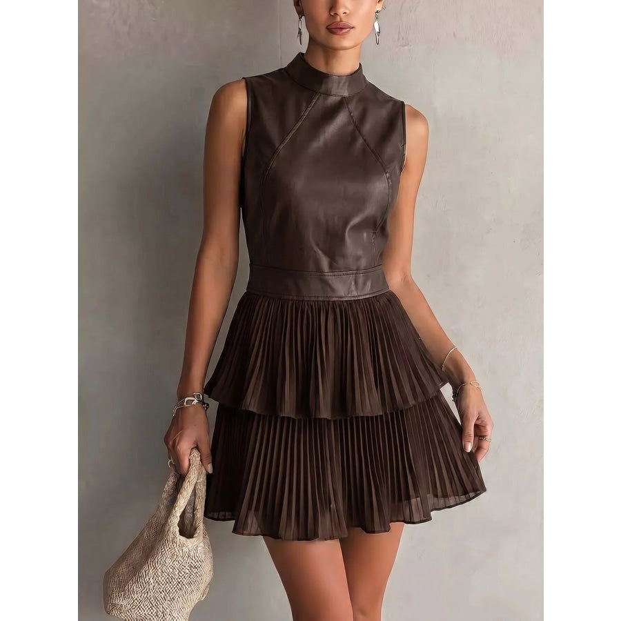Sleeveless Faux Leather Layered Pleated Mini Dress Apparel and Accessories