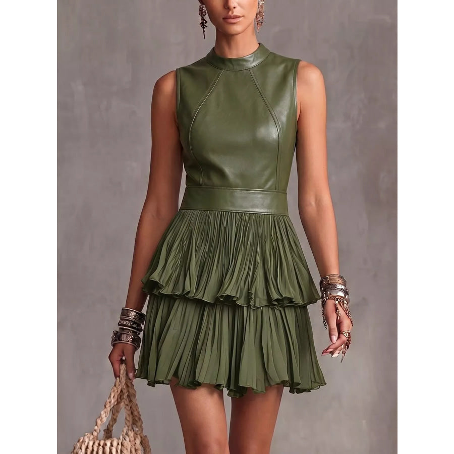 Sleeveless Faux Leather Layered Pleated Mini Dress Apparel and Accessories