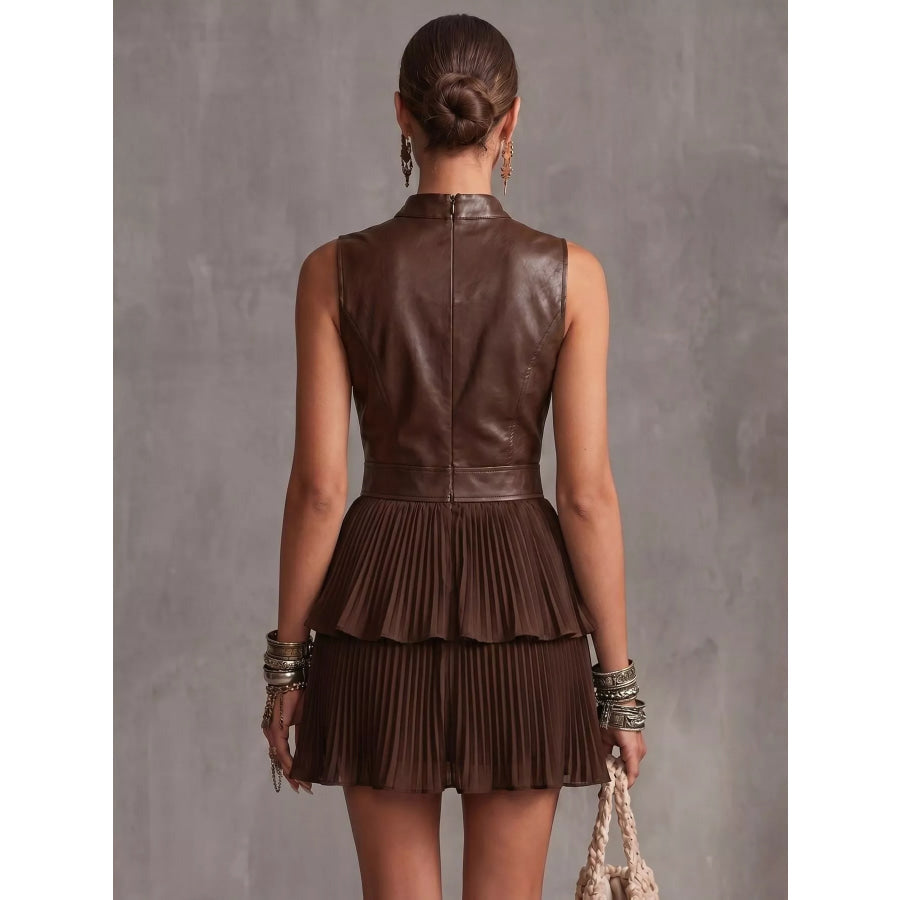 Sleeveless Faux Leather Layered Pleated Mini Dress Apparel and Accessories