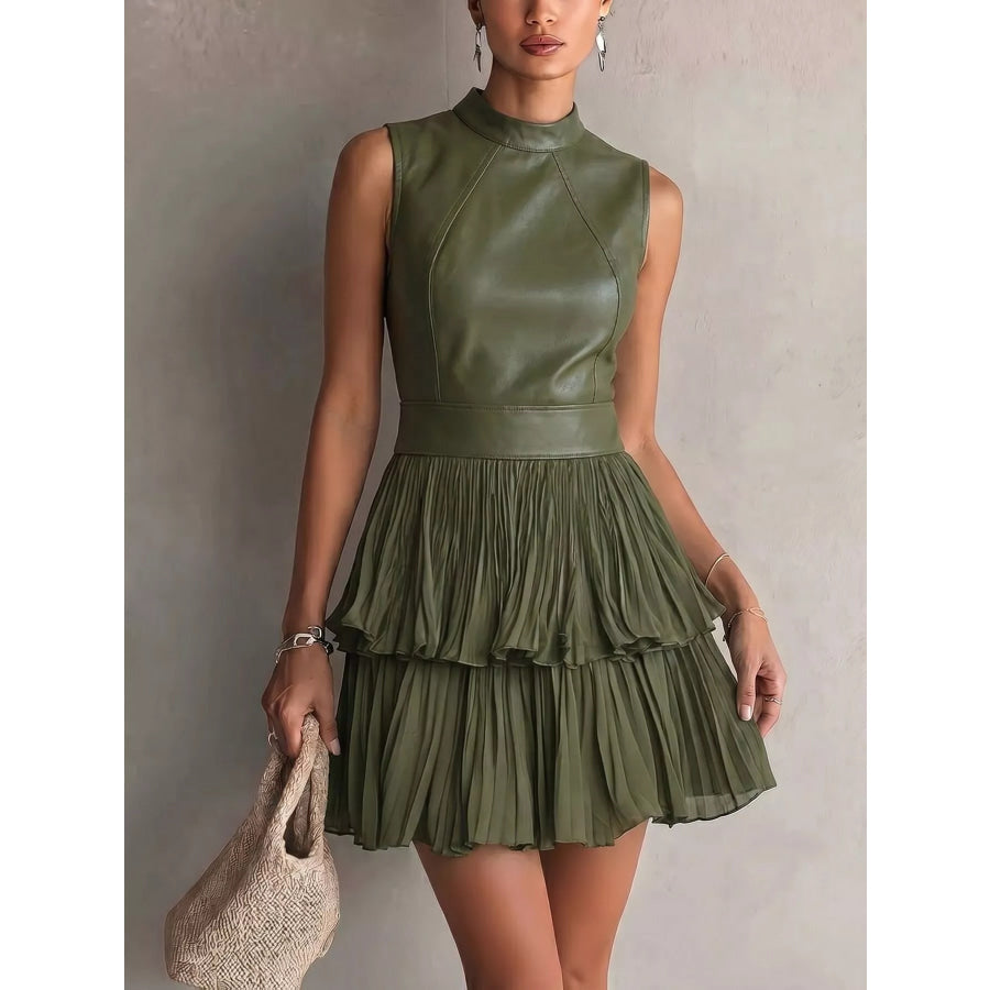 Sleeveless Faux Leather Layered Pleated Mini Dress Army Green / S Apparel and Accessories