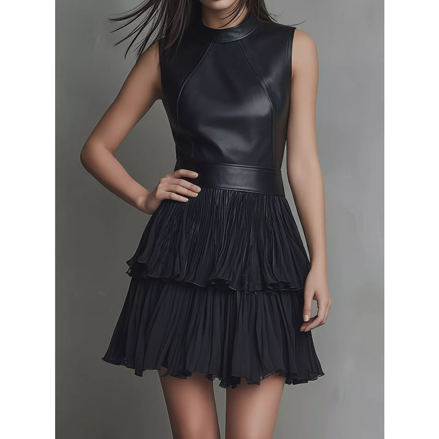 Sleeveless Faux Leather Layered Pleated Mini Dress Black / S Apparel and Accessories