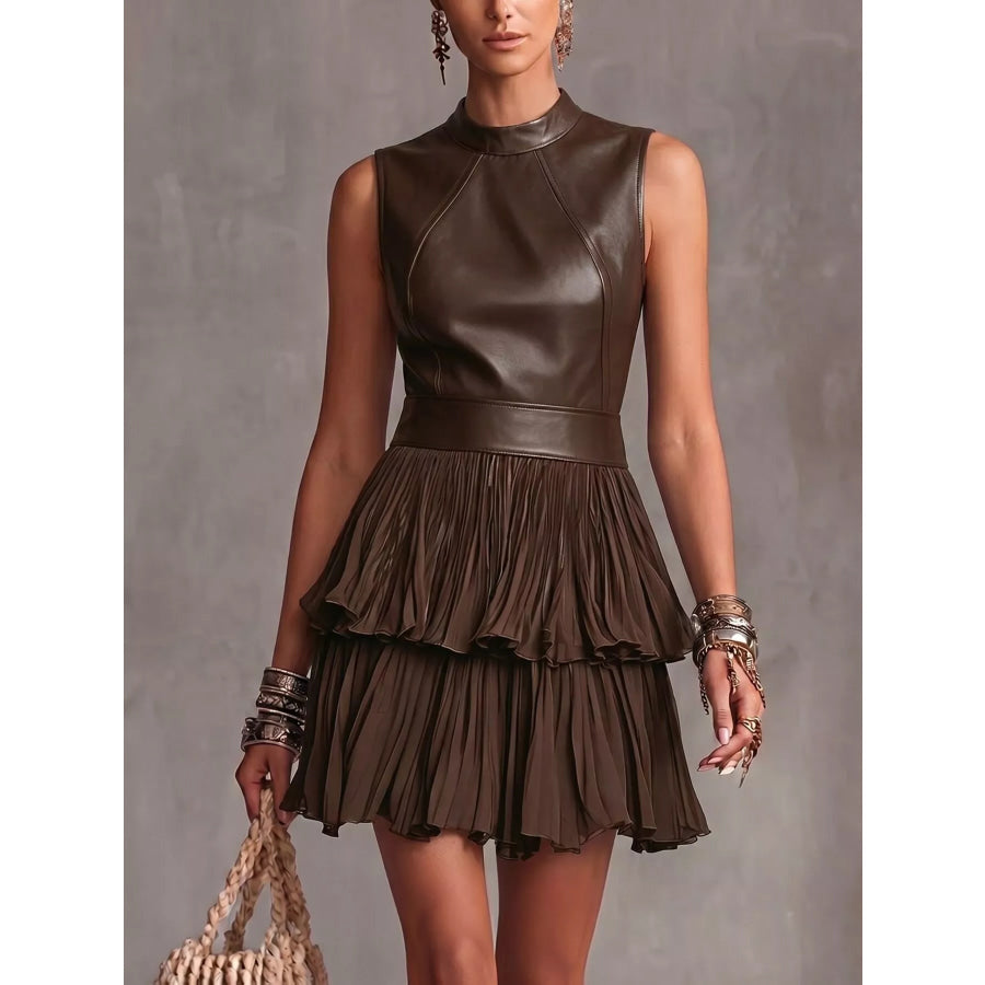 Sleeveless Faux Leather Layered Pleated Mini Dress Brown / S Apparel and Accessories