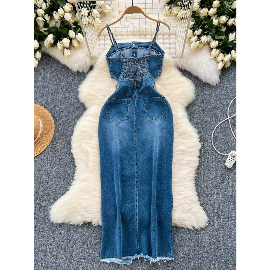 Sleeveless Frayed Hem Slit Denim Dress Apparel and Accessories