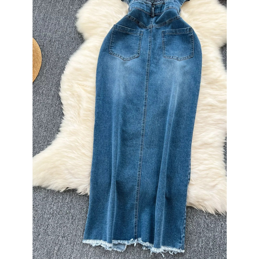 Sleeveless Frayed Hem Slit Denim Dress Apparel and Accessories
