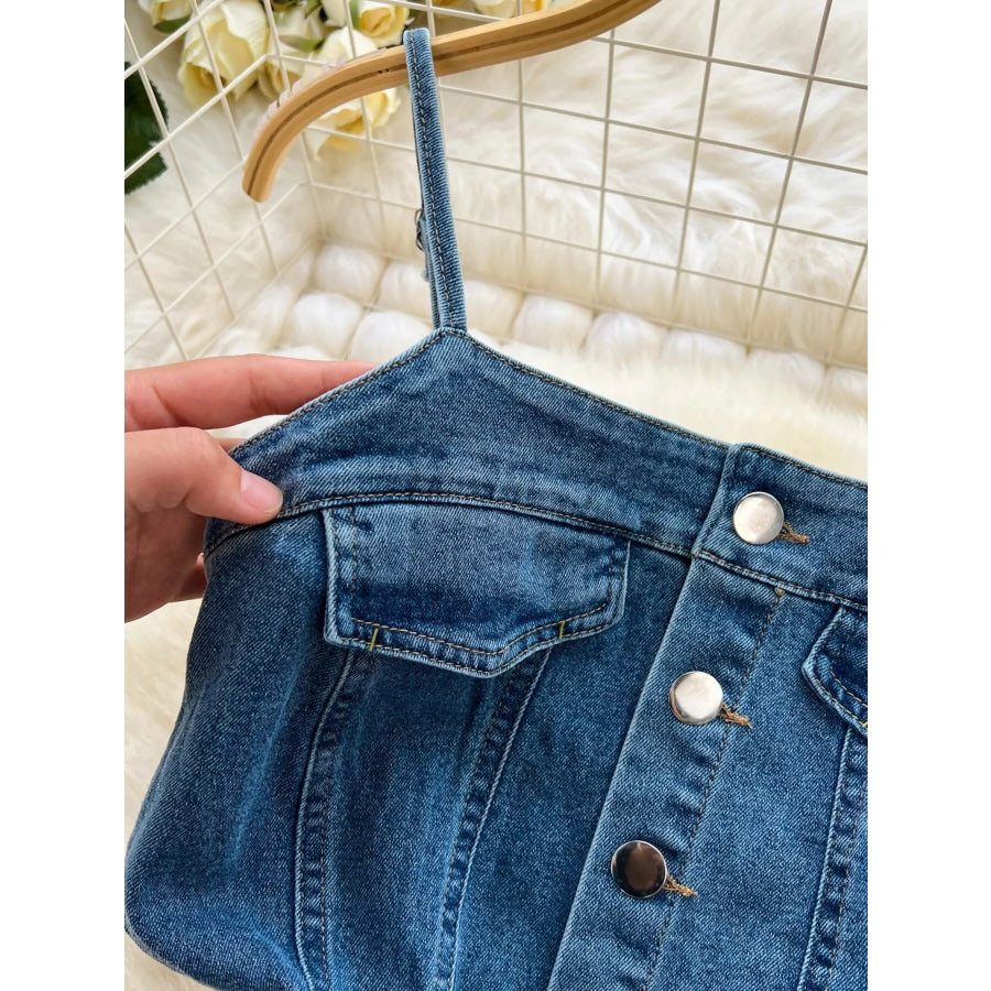 Sleeveless Frayed Hem Slit Denim Dress Apparel and Accessories