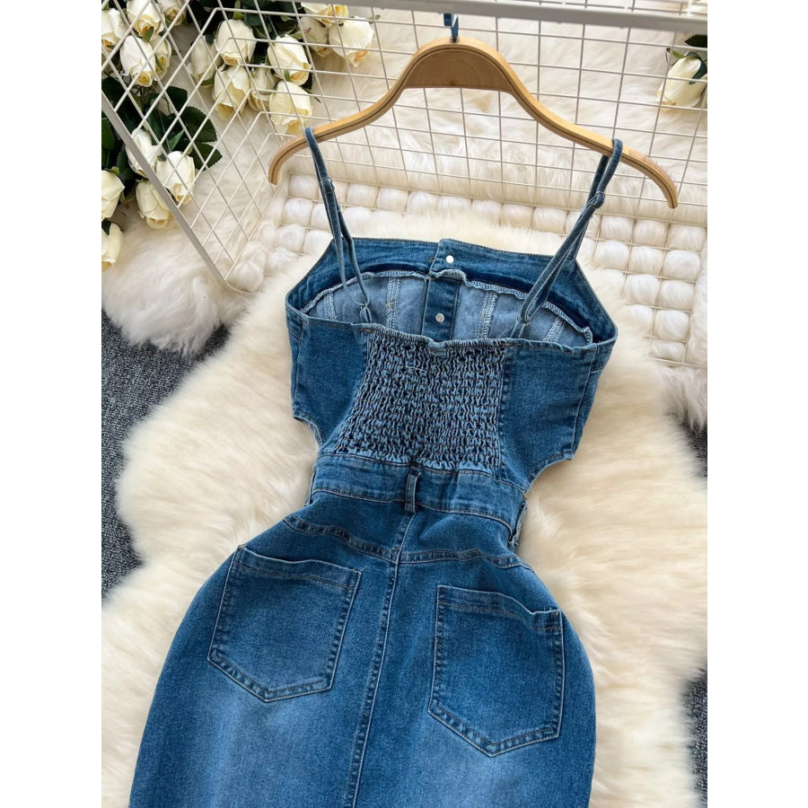 Sleeveless Frayed Hem Slit Denim Dress Apparel and Accessories