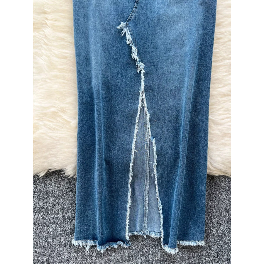 Sleeveless Frayed Hem Slit Denim Dress Apparel and Accessories