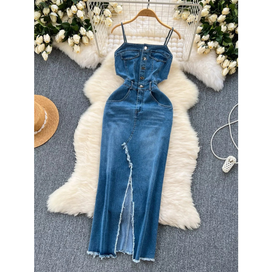 Sleeveless Frayed Hem Slit Denim Dress Blue / S Apparel and Accessories