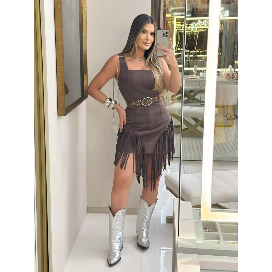 Sleeveless Fringed Mini Dress Brown / S Apparel and Accessories