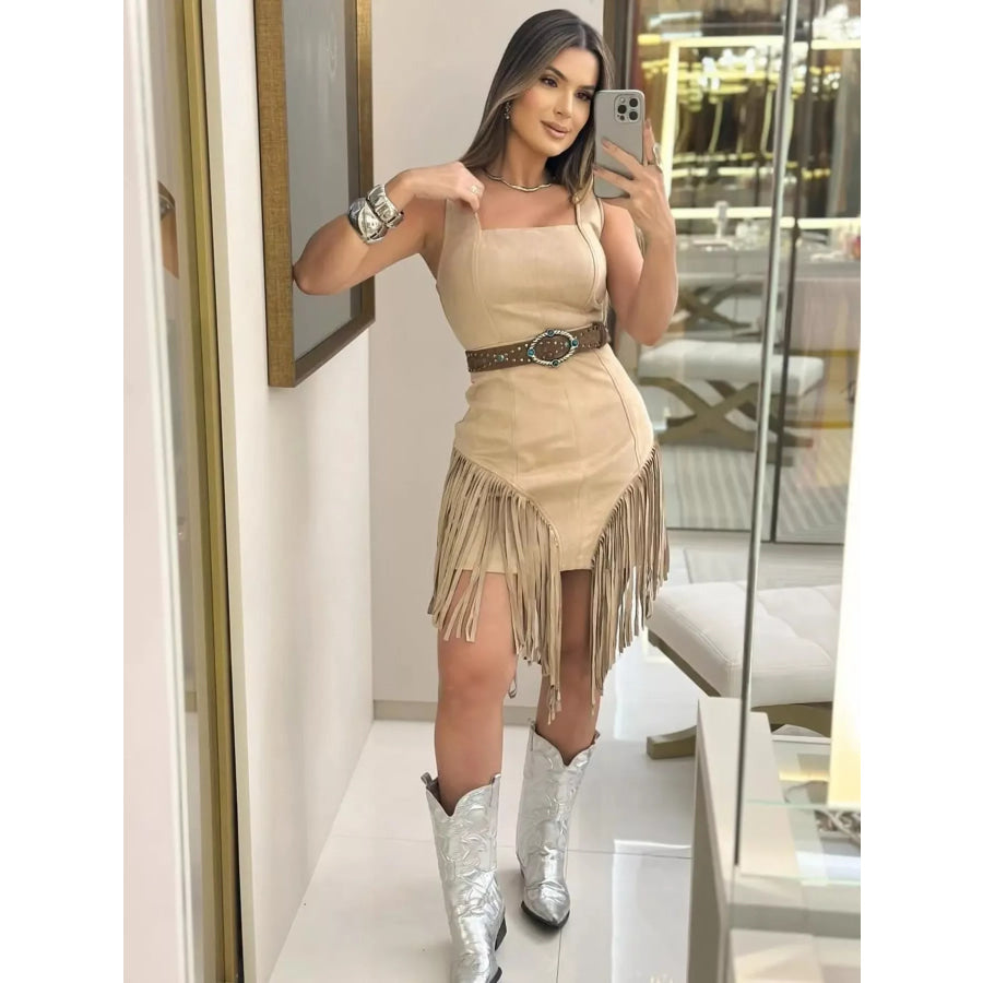 Sleeveless Fringed Mini Dress Khaki / S Apparel and Accessories