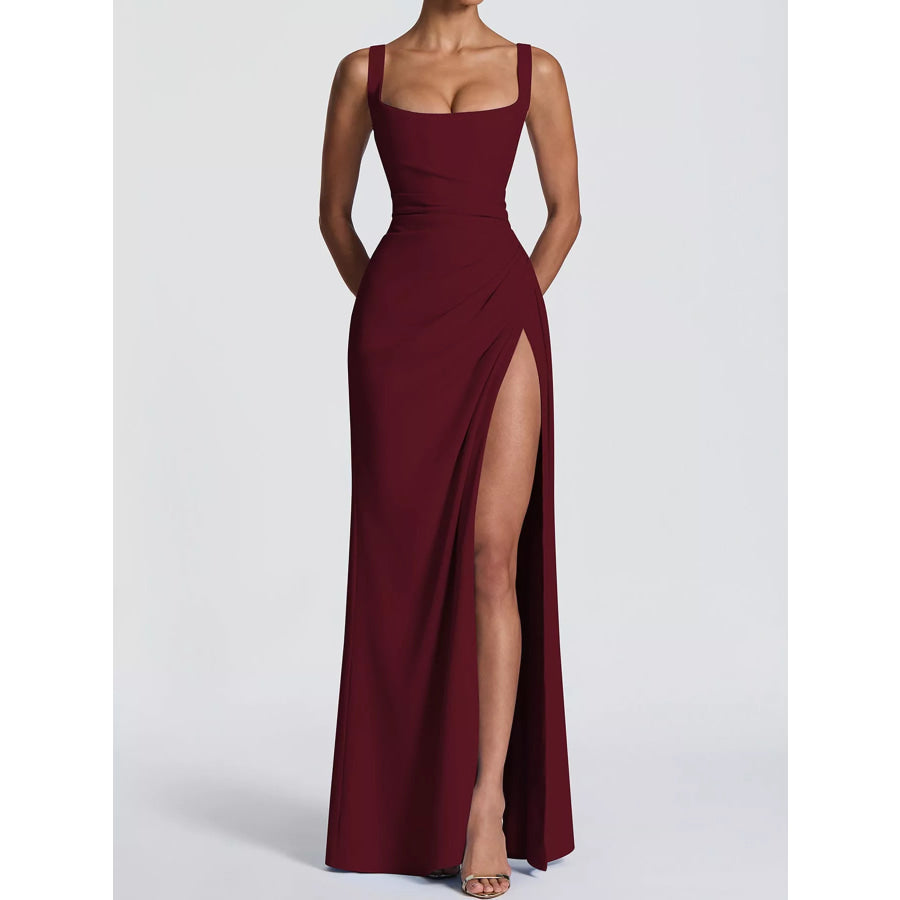 Sleeveless High-Slit Evening Maxi Dress Burgundy / S Apparel and Accessories