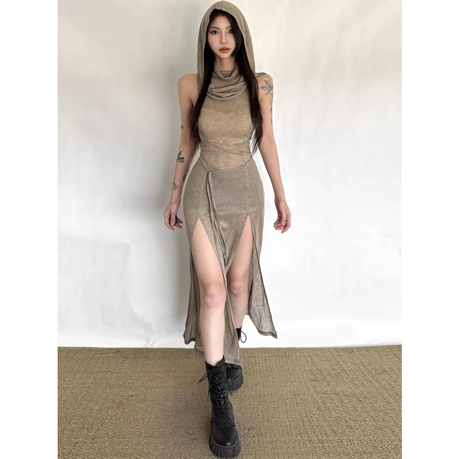 Sleeveless High-Slit Hooded Maxi Dress Apparel and Accessories