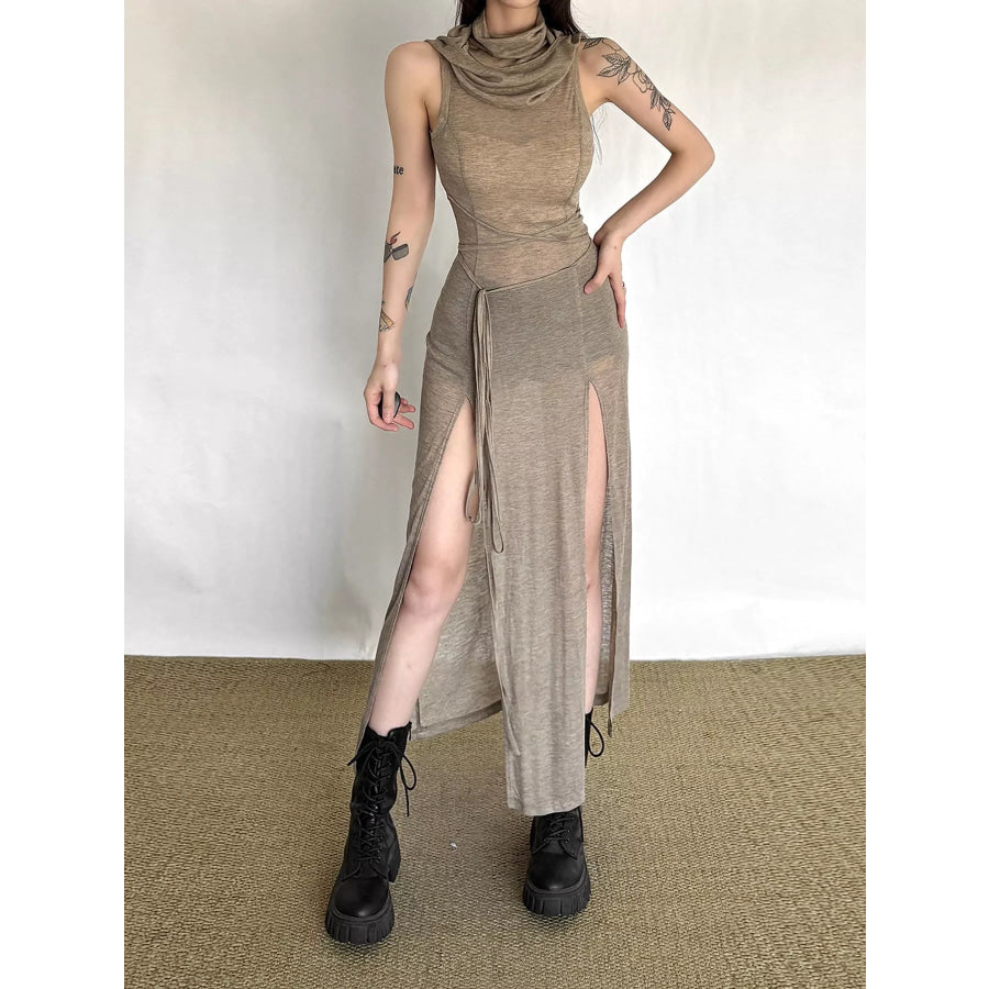 Sleeveless High-Slit Hooded Maxi Dress Apparel and Accessories