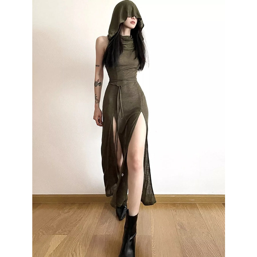 Sleeveless High-Slit Hooded Maxi Dress Apparel and Accessories
