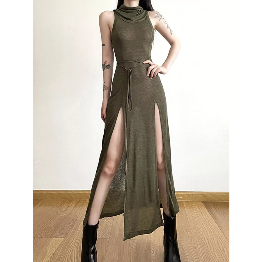 Sleeveless High-Slit Hooded Maxi Dress Army Green / S Apparel and Accessories