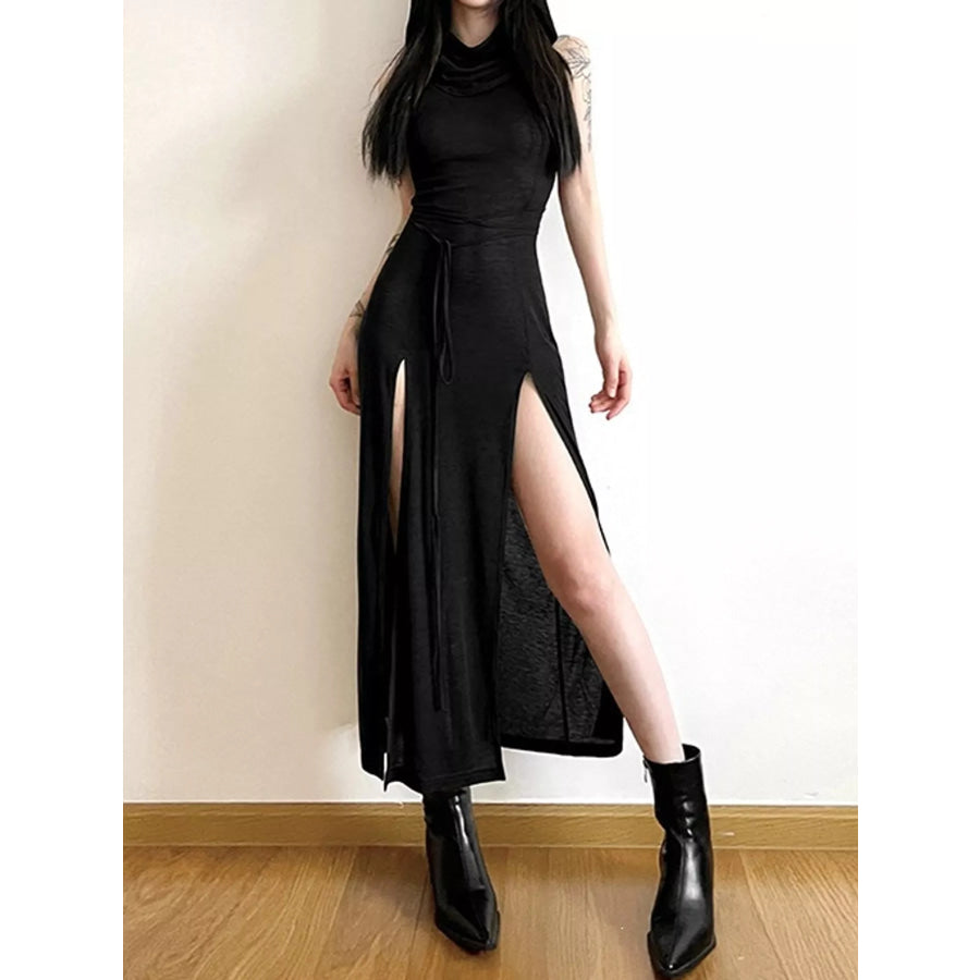 Sleeveless High-Slit Hooded Maxi Dress Black / S Apparel and Accessories