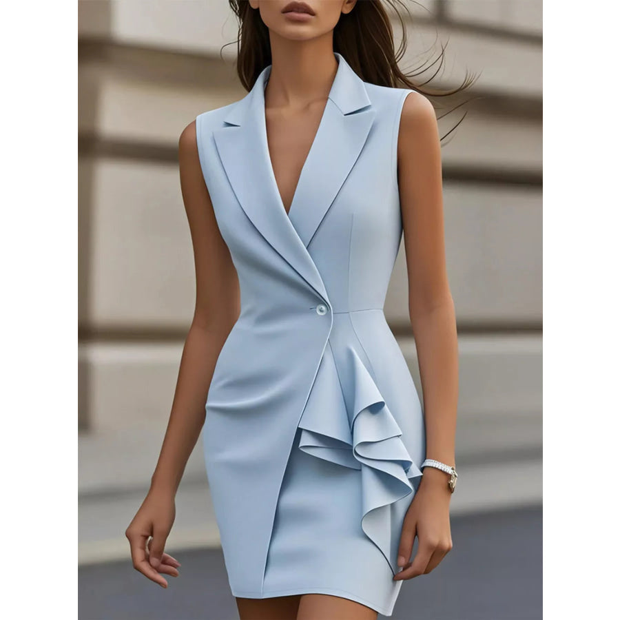 Sleeveless Lapel Collar Ruffle Dress Sky Blue / S Apparel and Accessories