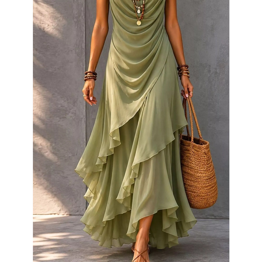 Sleeveless Layered Ruffle Hem Maxi Dress Apparel and Accessories