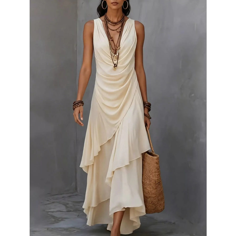Sleeveless Layered Ruffle Hem Maxi Dress Beige / S Apparel and Accessories