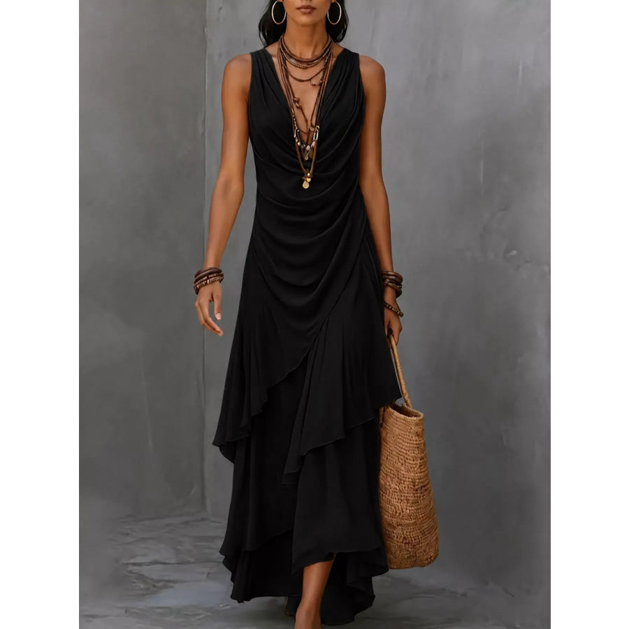 Sleeveless Layered Ruffle Hem Maxi Dress Black / S Apparel and Accessories