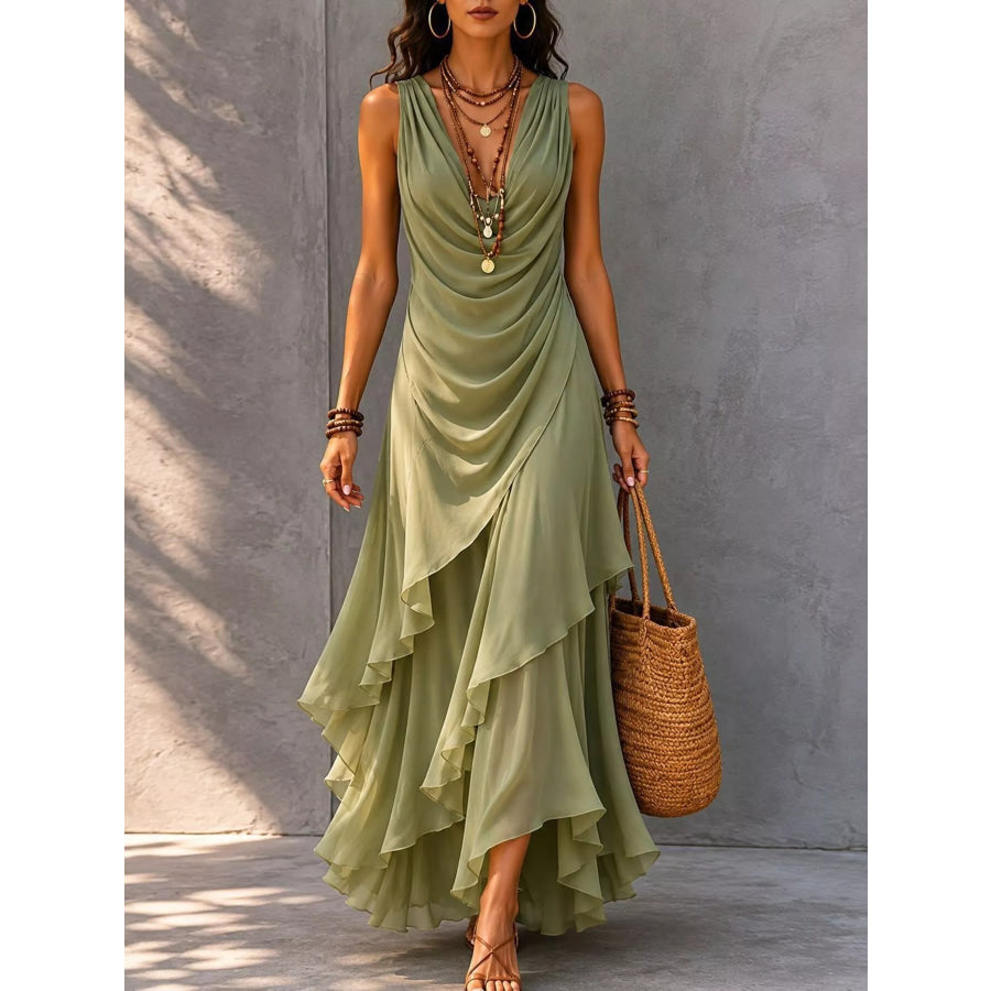 Sleeveless Layered Ruffle Hem Maxi Dress Moss / S Apparel and Accessories