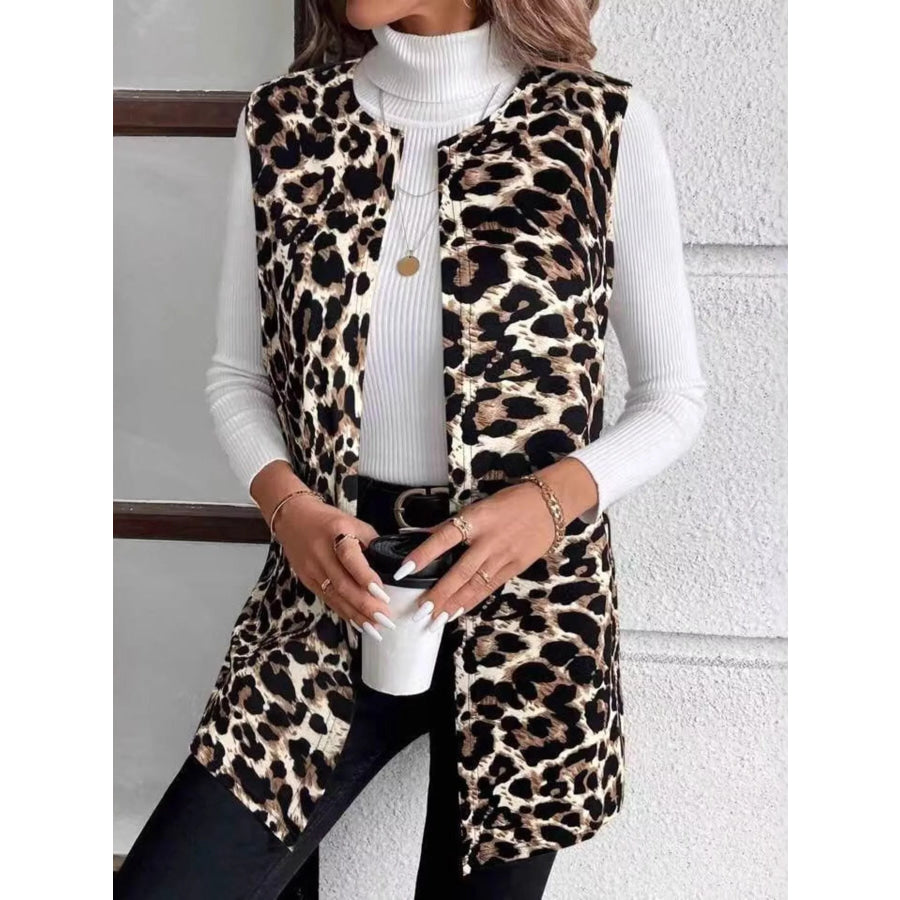 Sleeveless Leopard Print Vest Coat Khaki / S Apparel and Accessories