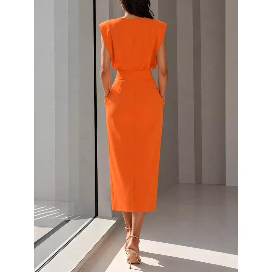Sleeveless Midi Dress with Gold Button Detail and Side Slit Apparel Accessories