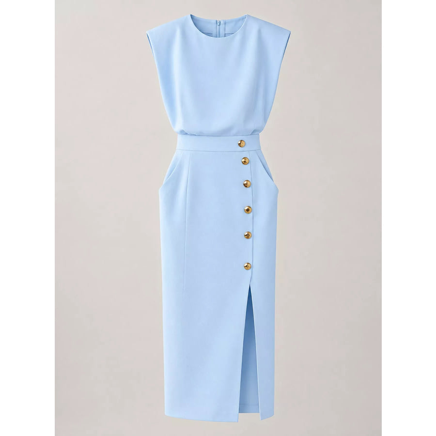 Sleeveless Midi Dress with Gold Button Detail and Side Slit Apparel Accessories