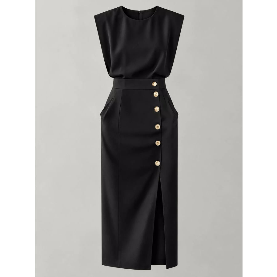 Sleeveless Midi Dress with Gold Button Detail and Side Slit Apparel Accessories