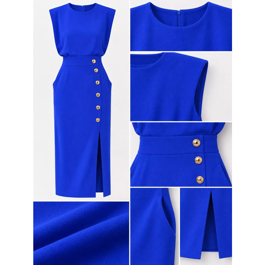 Sleeveless Midi Dress with Gold Button Detail and Side Slit Apparel Accessories