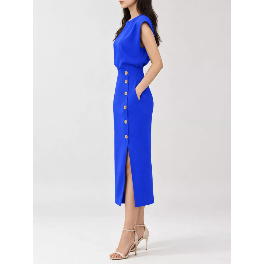Sleeveless Midi Dress with Gold Button Detail and Side Slit Apparel Accessories