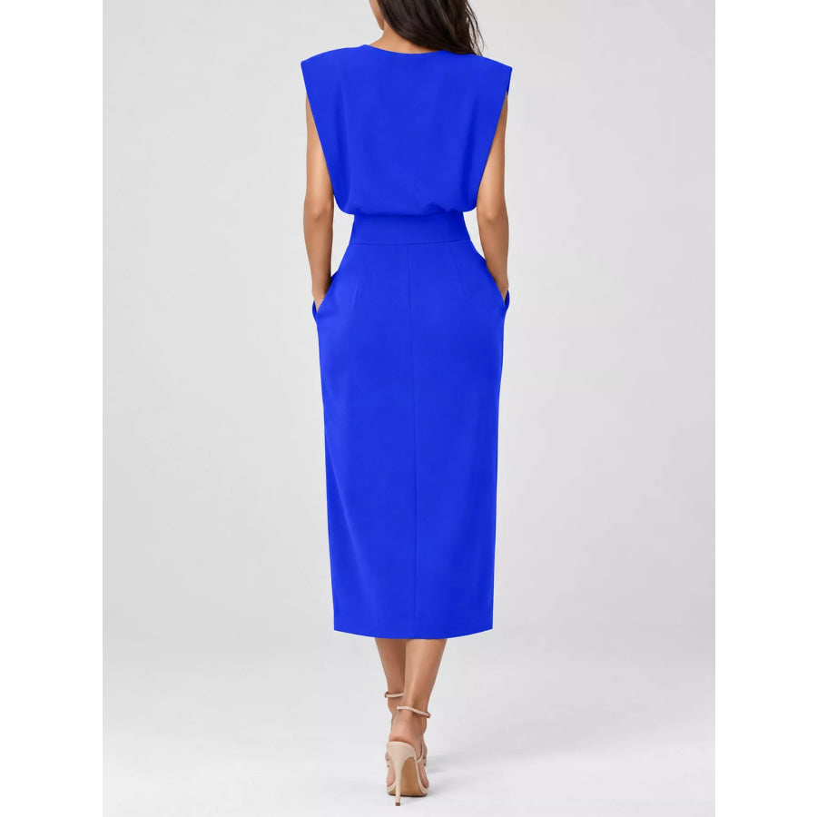 Sleeveless Midi Dress with Gold Button Detail and Side Slit Apparel Accessories
