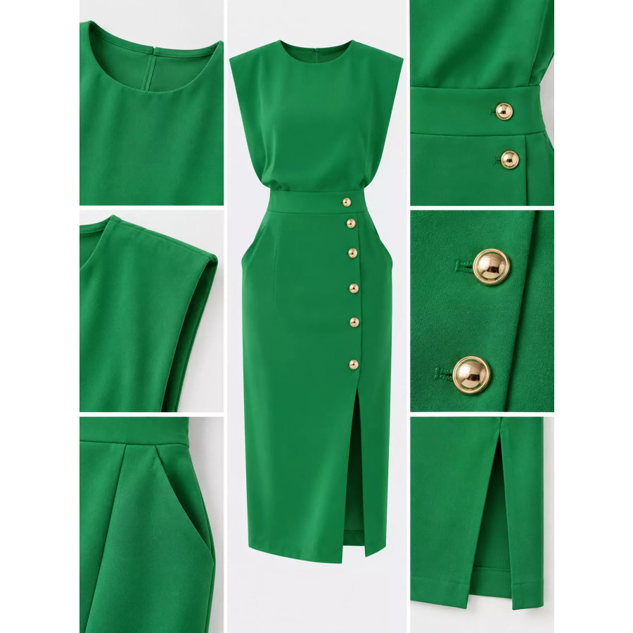 Sleeveless Midi Dress with Gold Button Detail and Side Slit Apparel Accessories