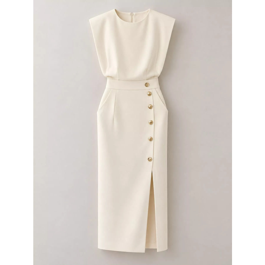 Sleeveless Midi Dress with Gold Button Detail and Side Slit Apparel Accessories