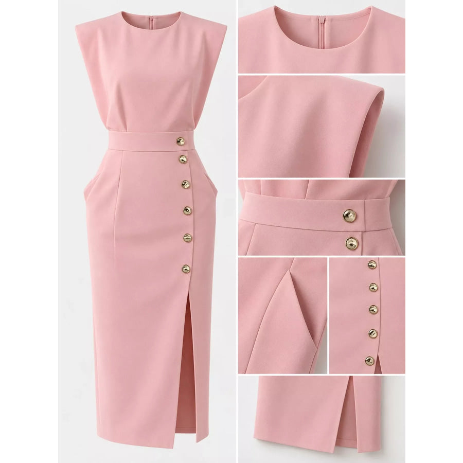 Sleeveless Midi Dress with Gold Button Detail and Side Slit Apparel Accessories