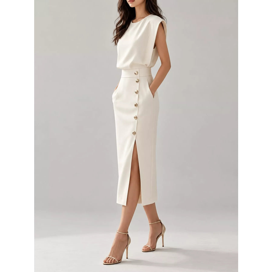 Sleeveless Midi Dress with Gold Button Detail and Side Slit Apparel Accessories