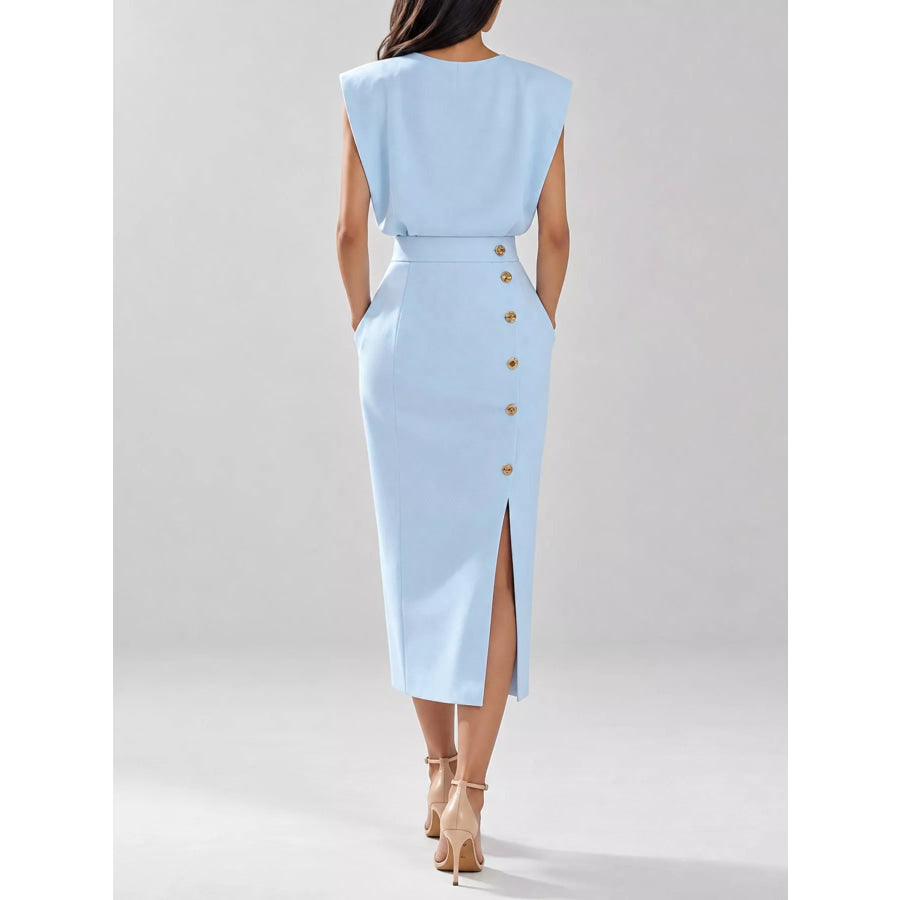 Sleeveless Midi Dress with Gold Button Detail and Side Slit Apparel Accessories