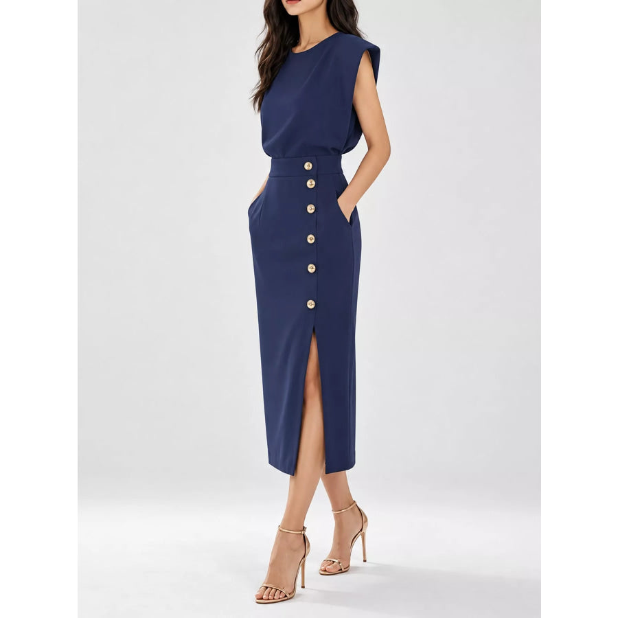 Sleeveless Midi Dress with Gold Button Detail and Side Slit Apparel Accessories