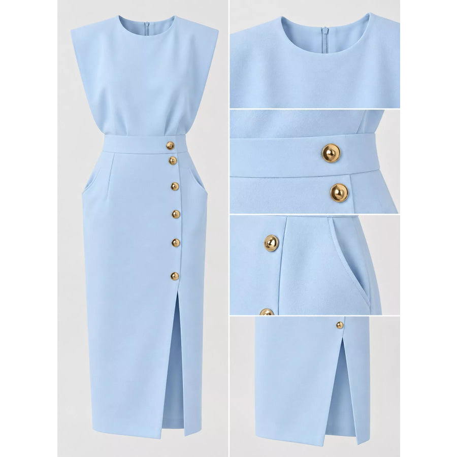 Sleeveless Midi Dress with Gold Button Detail and Side Slit Apparel Accessories