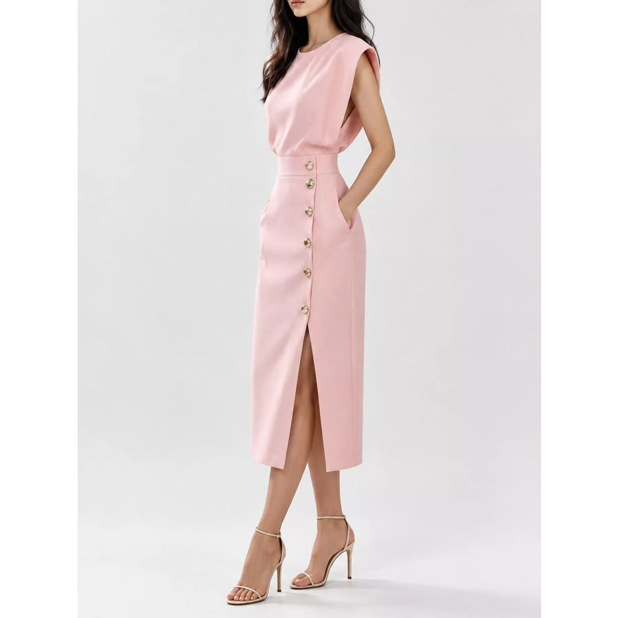 Sleeveless Midi Dress with Gold Button Detail and Side Slit Apparel Accessories