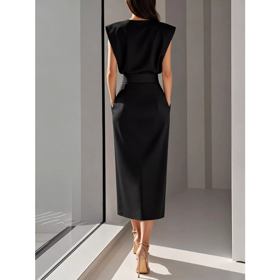Sleeveless Midi Dress with Gold Button Detail and Side Slit Apparel Accessories