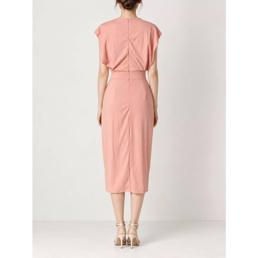 Sleeveless Midi Dress with Gold Button Detail and Side Slit Apparel Accessories