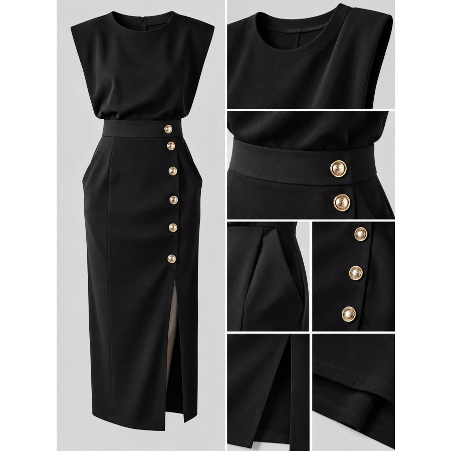 Sleeveless Midi Dress with Gold Button Detail and Side Slit Apparel Accessories