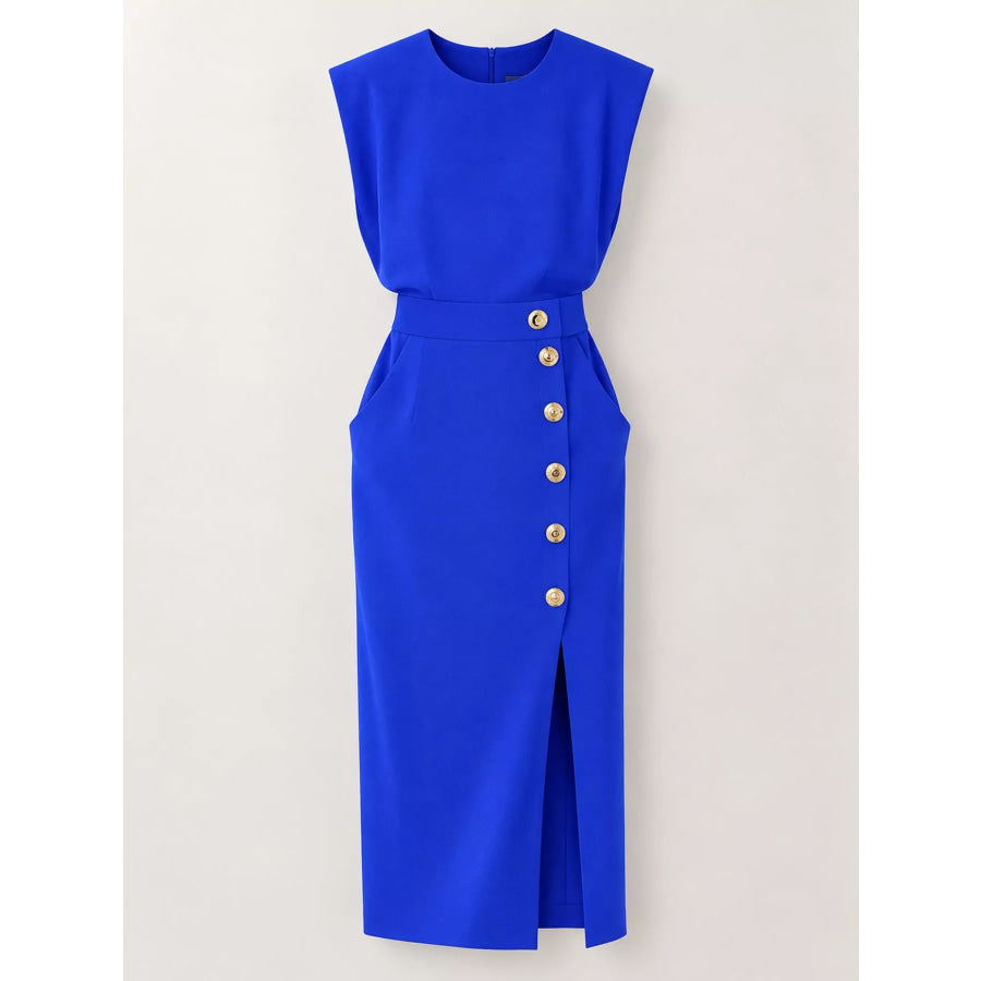 Sleeveless Midi Dress with Gold Button Detail and Side Slit Apparel Accessories