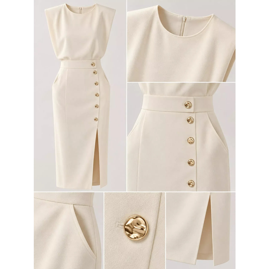 Sleeveless Midi Dress with Gold Button Detail and Side Slit Apparel Accessories