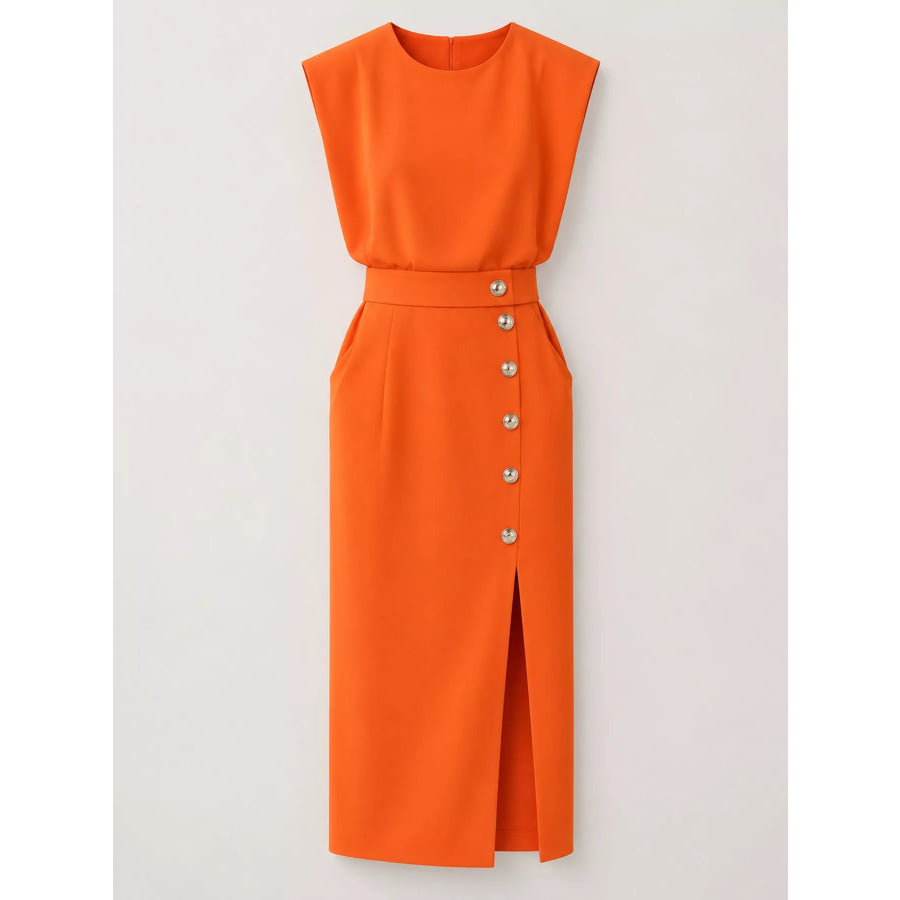 Sleeveless Midi Dress with Gold Button Detail and Side Slit Apparel Accessories